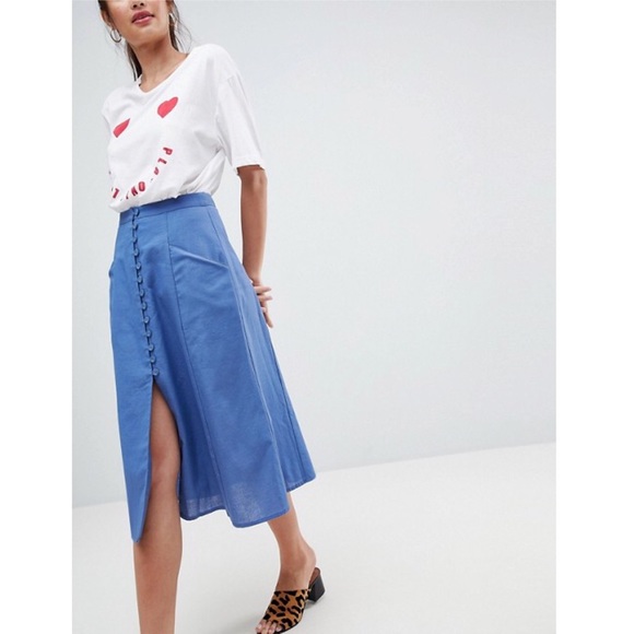 ASOS Dresses & Skirts - ASOS Blue Button Front Full Midi Skirt Linen Blend